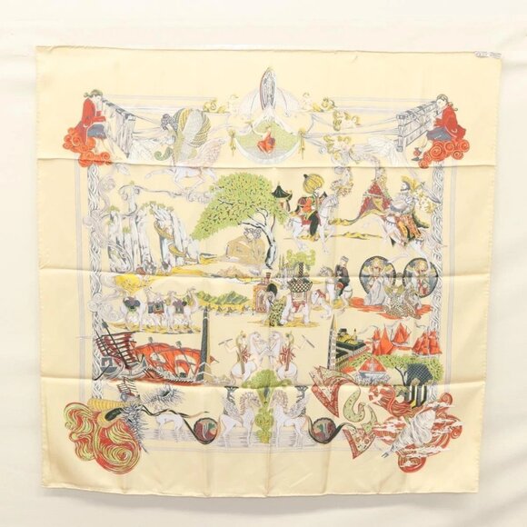 HERMES Carre 90 Scarf ""Au FIL de la SOIE"" Silk Beige Auth - Picture 2 of 13